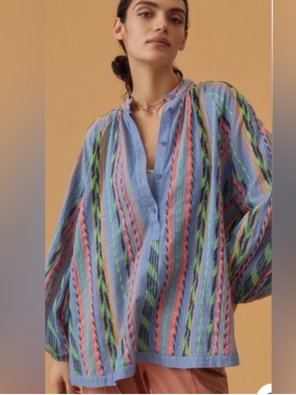 Anthropologie Devotion TWINS Opalios‎ Blue Multicolor Neon Cotton Blouse